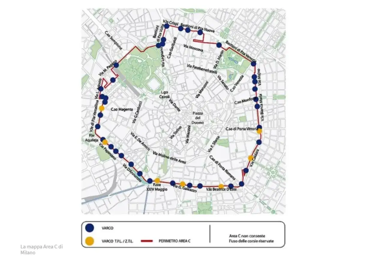 Mapa komunikacji miejskiej w Mediolanie, pokazująca trasę Area C.