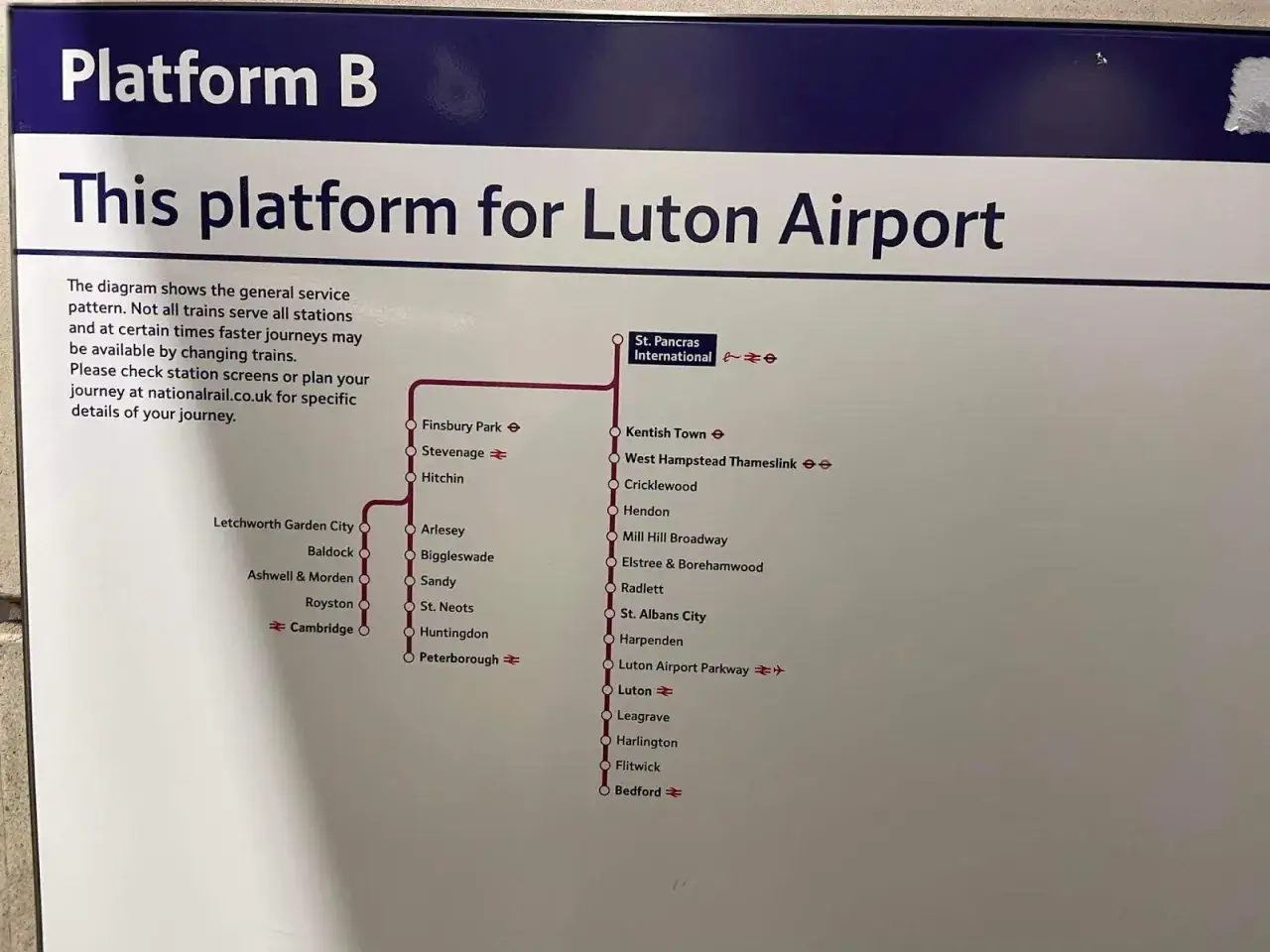 Mapa kolejowa z peronu B, wskazująca trasy do Luton Airport. Podr&oacute;ż z Londynu do centrum Luton Airport.