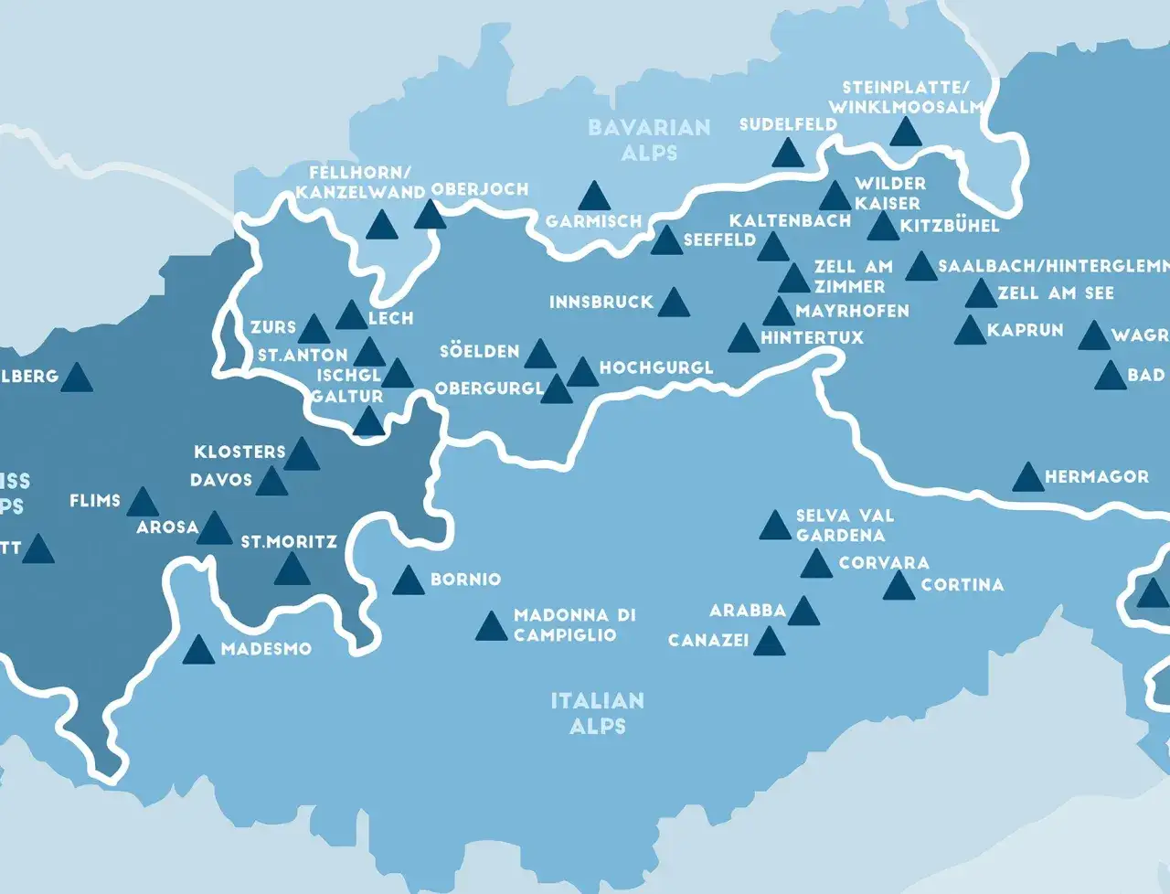 Mapa Alp z zaznaczonymi kurortami narciarskimi. Planujesz wyjazd do Austria gdzie na narty? Zobacz, gdzie warto się wybrać!