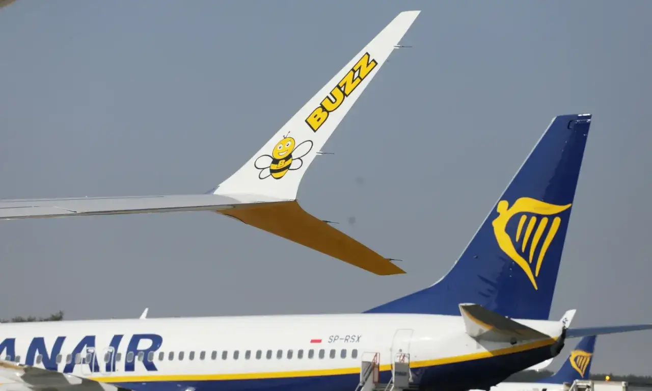Samolot Buzz z pszcz&oacute;łką i napisami, obok samolot Ryanair. Czy to czarter co to za linie lotnicze?
