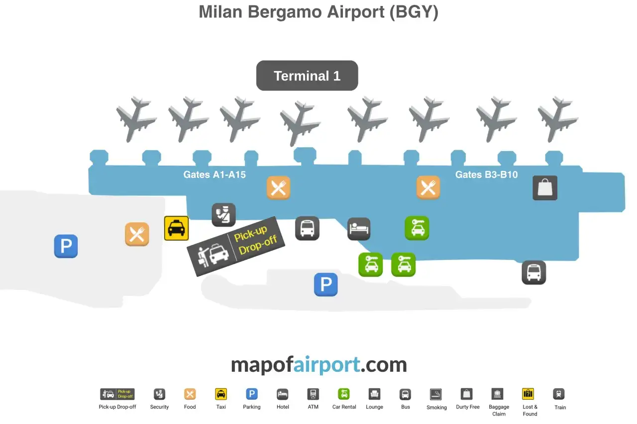 Plan lotniska Mediolan Bergamo (BGY) Terminal 1: bramki, parkingi, taxi, punkty odbioru/odwozu, restauracje, hotele, ATM, wypożyczalnie aut, sklepy.