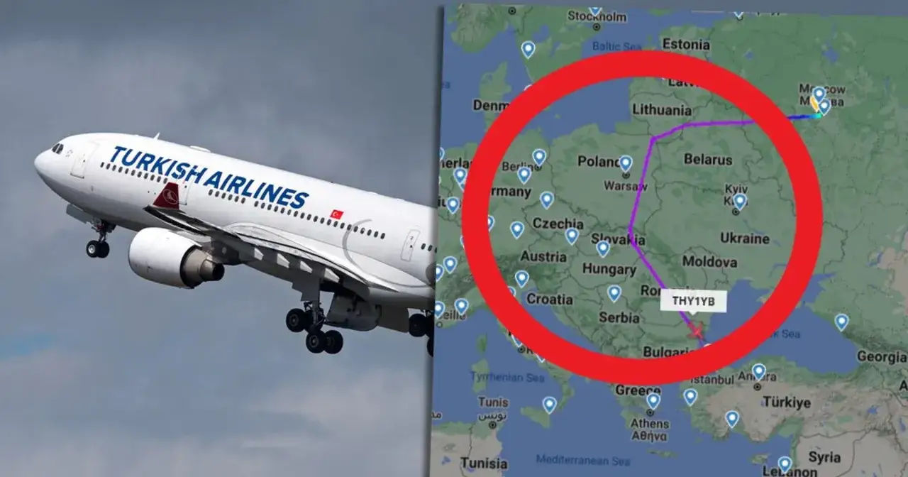 Samolot Turkish Airlines wznosi się w powietrze. Mapa pokazuje trasę lotu nad Europą, odpowiadając na pytanie: ile się leci do Turcji.