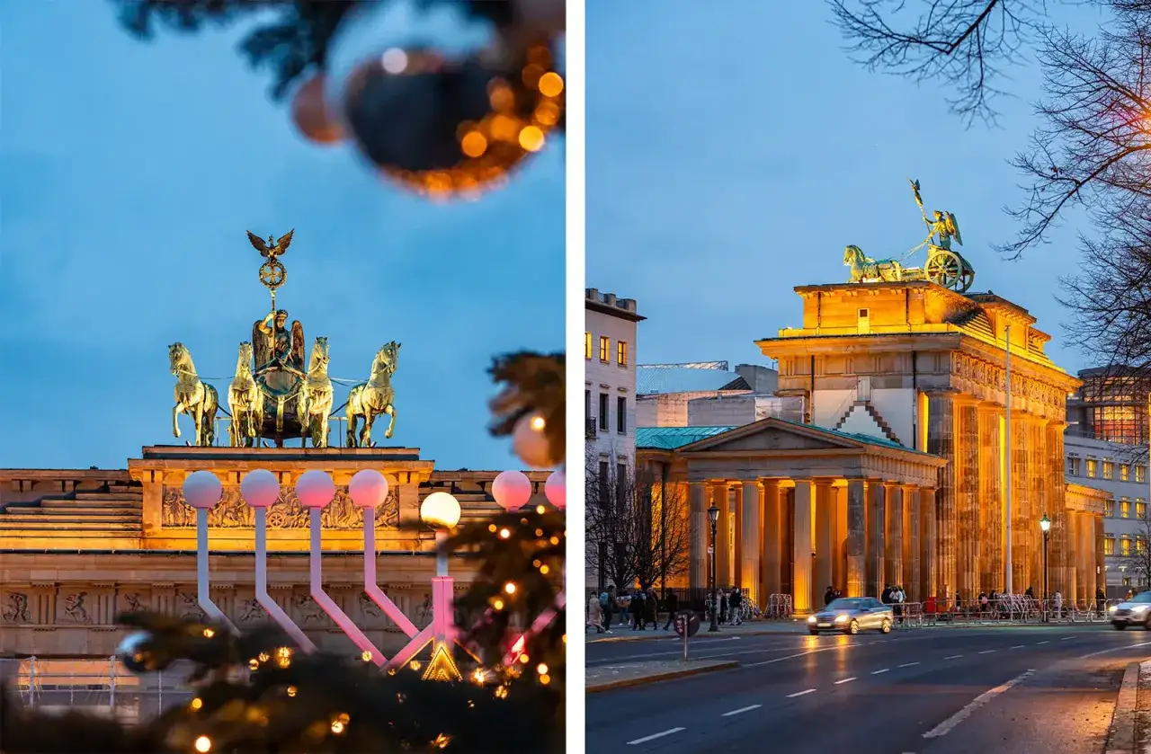 Brama Brandenburska w Berlinie, ozdobiona świątecznie. Zobacz to miejsce, planując podróż!