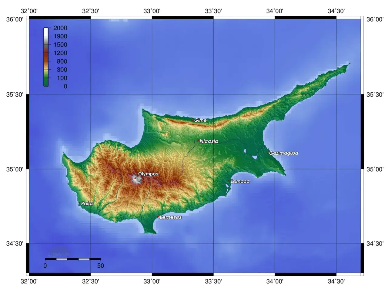 Mapa topograficzna Cypru, ukazująca góry i miasta. Czy to cypr grecki czy turecki?