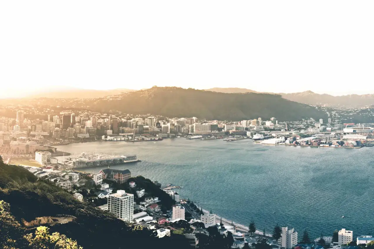 Widok na Wellington, stolicę Nowej Zelandii, z portem i wzgórzami w tle.