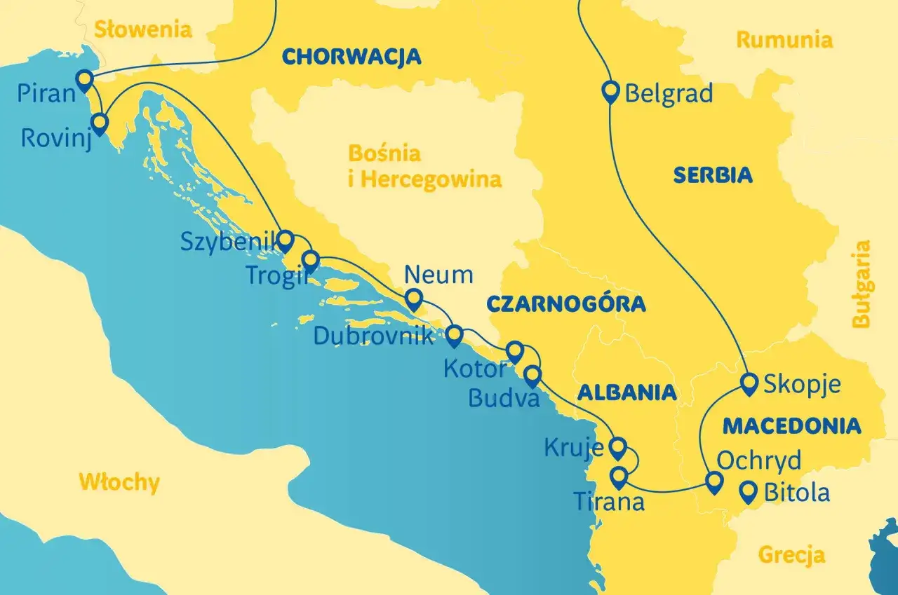 Mapa pokazuje trasę podróży przez Bałkany, zaznaczając miasta takie jak Dubrownik, Kotor, Tiranę i Skopje. Widać, gdzie leży Albania, między Czarnogórą a Macedonią.