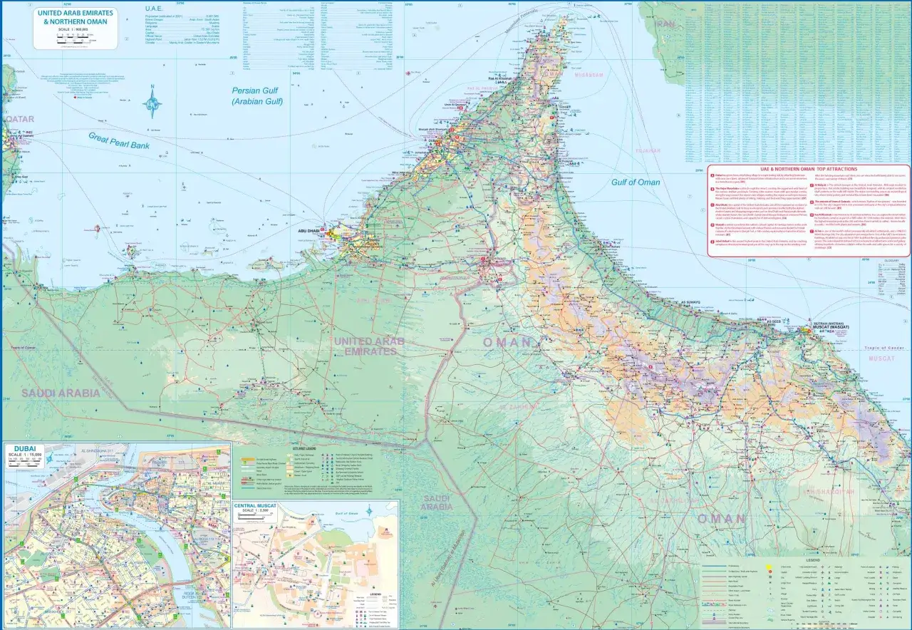 Mapa ZEA i Omanu P&oacute;łnocnego. Gdzie leży Dubaj? Na wybrzeżu Zatoki Perskiej, między Abu Zabi a Szardżą.