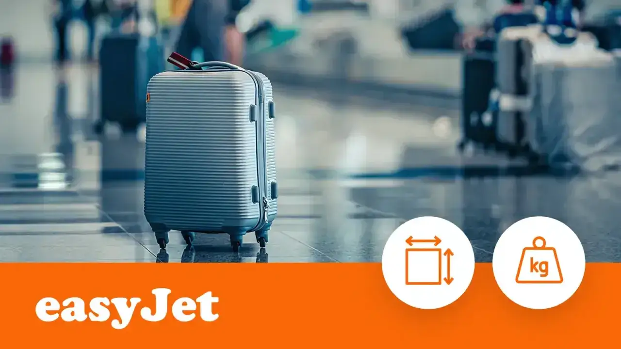 Szary walizka na kółkach, idealna jako easyJet bagaż podręczny. W tle lotniskowy gwar, z ikonami wymiarów i wagi.