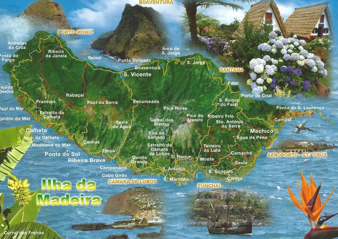 Mapa turystyczny wyspy Madera, pokazujący gdzie jest Madera i jej główne atrakcje, takie jak Funchal, Santana i Porto Moniz.