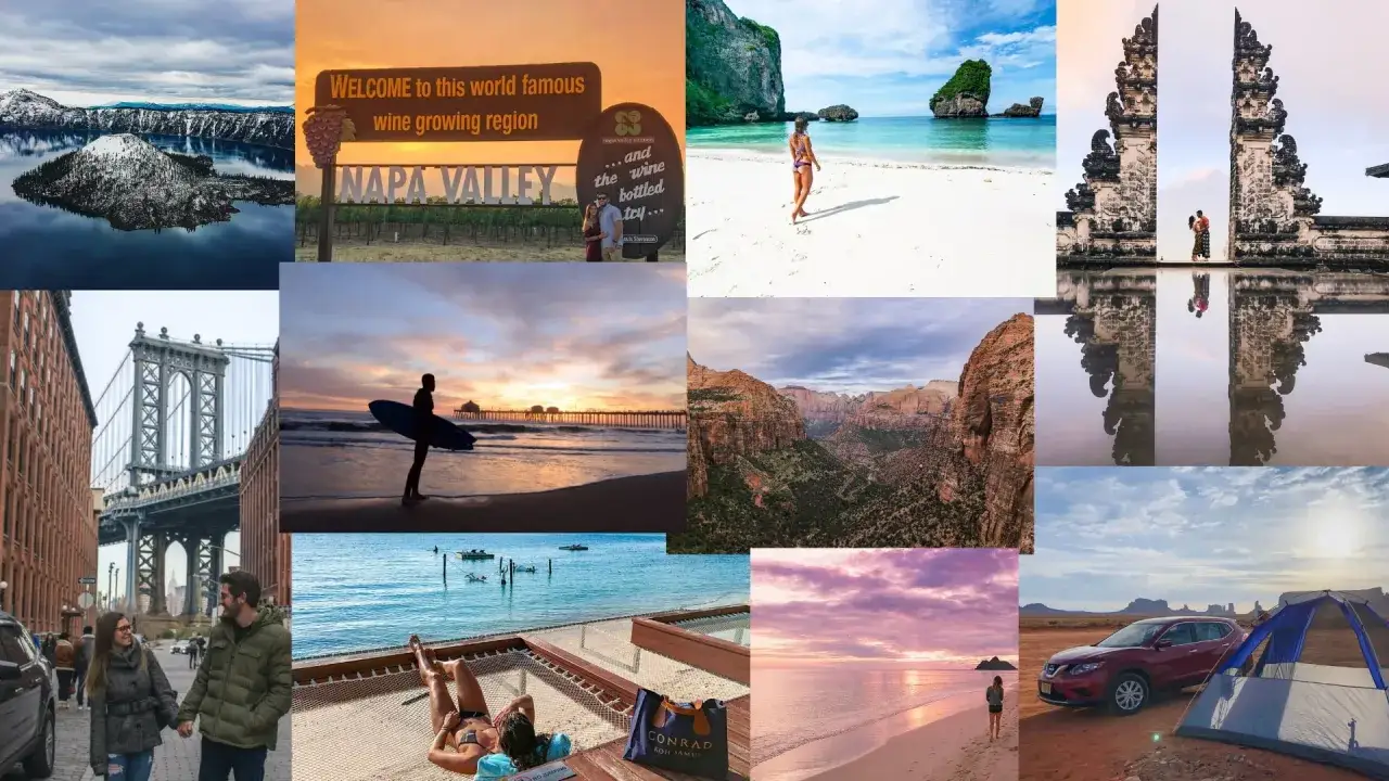Gdzie na wakacje? Od malowniczego Crater Lake, przez winnice Napa Valley, tropikalne plaże, po kaniony Zion i miejskie krajobrazy.