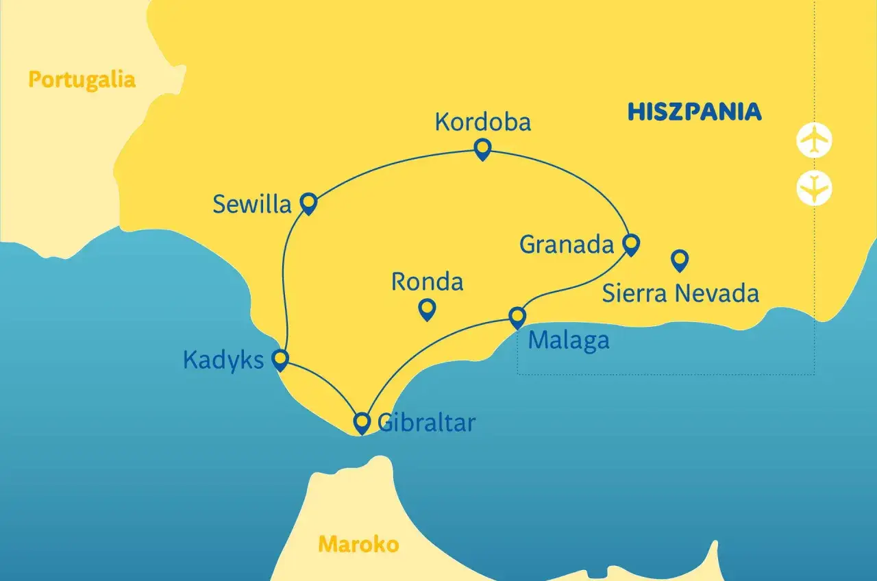 Mapa Andaluzji pokazuje, gdzie leży Malaga, między Kadyksem a Grenadą, blisko Gibraltaru.