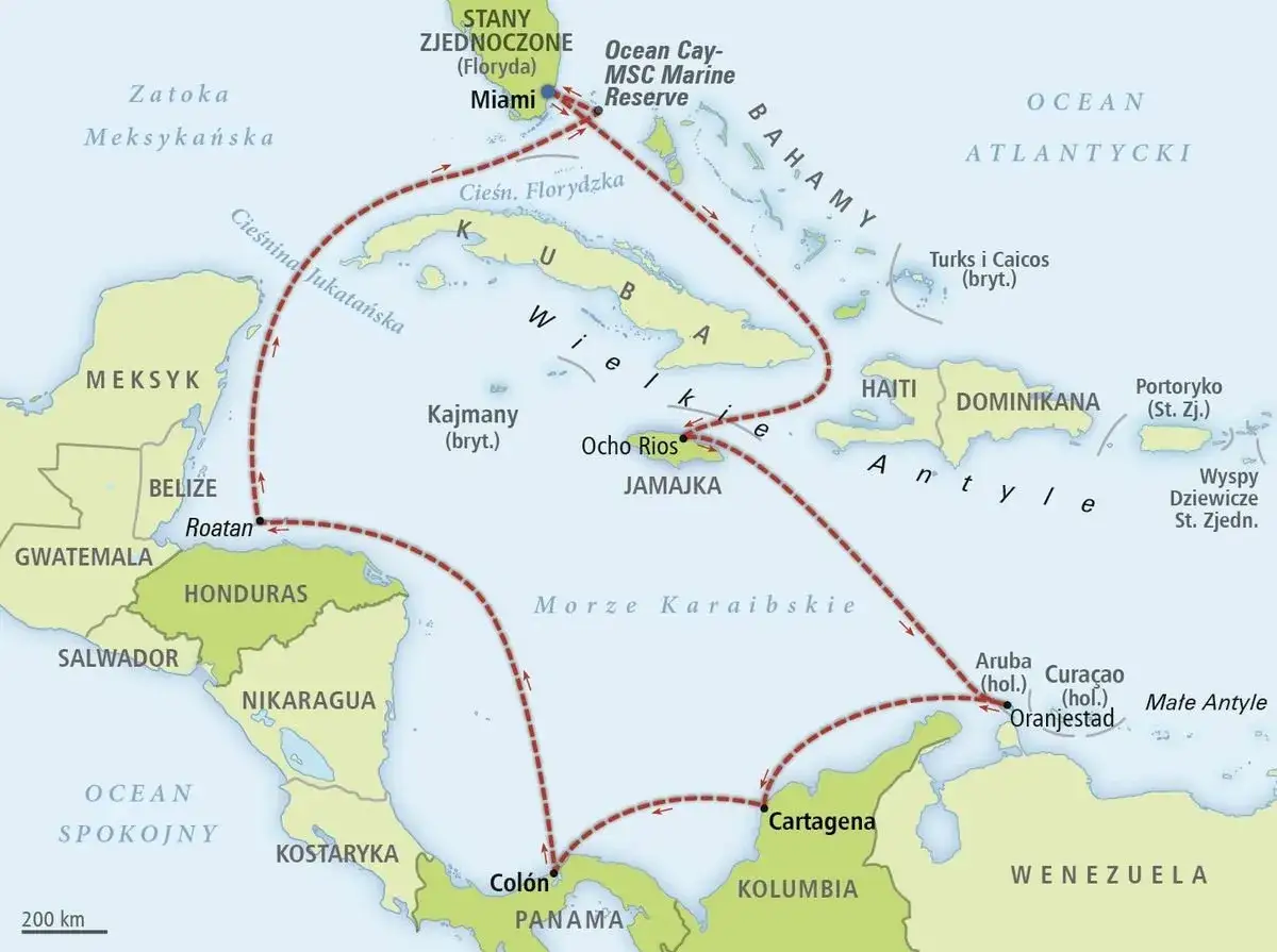 Mapa Karaib&oacute;w z zaznaczoną trasą rejsu, zaczynającą się w Miami, gdzie leży, i prowadzącą przez Jamajkę, Kolumbię i Panamę.